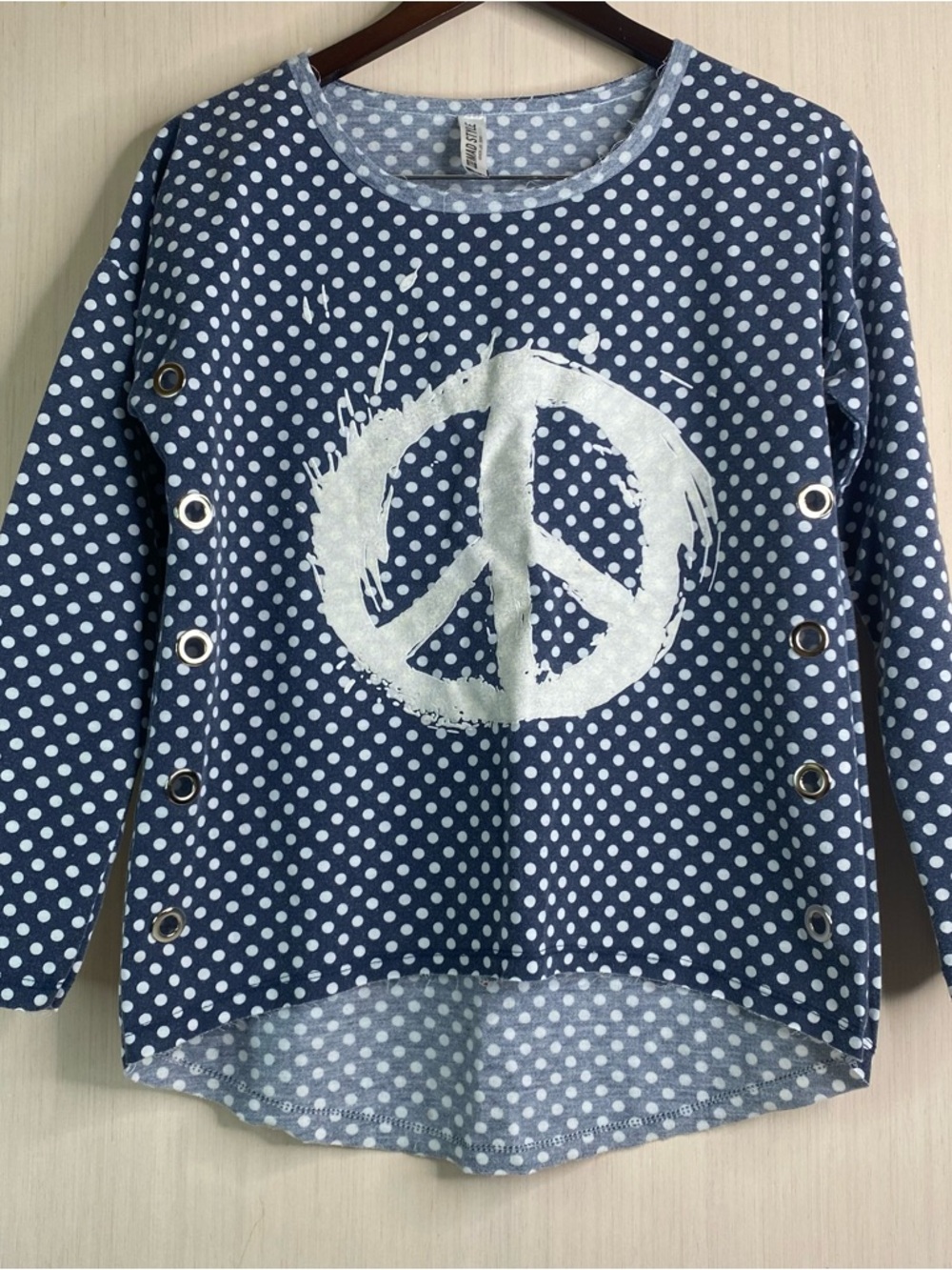 Mad Style Women’s Peace & Polka Dots Blouse Metallic Grommets Raw Hem S/M